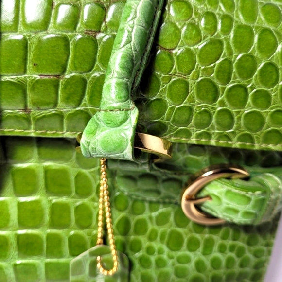Genuine Leather Green Croc Embossed Handbag Shoulder Bag Satchel Vintage - Picture 5 of 16